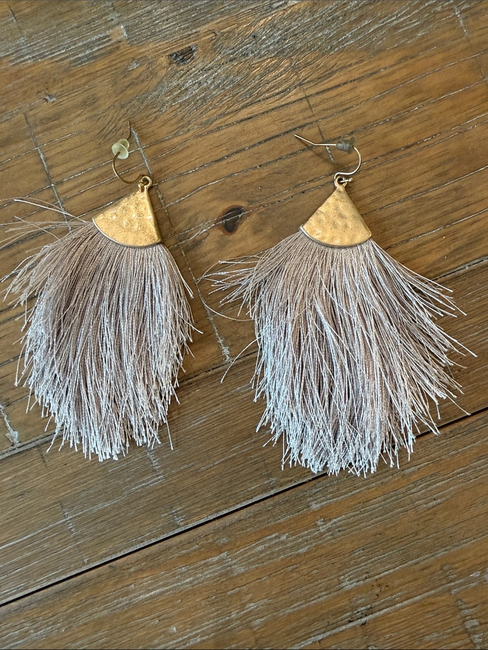 Gold Tassel Fringe Earrings - Neutral Taupe